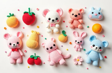 Flat lay of kawaii crochet items: amigurumi animals, fruit keychains, pastel beanies with ears, mini pouches