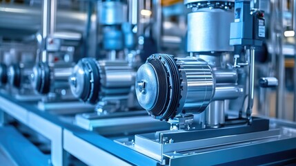 Naklejka premium Rust-proof industrial pumps installed in a clean, modern processing facility
