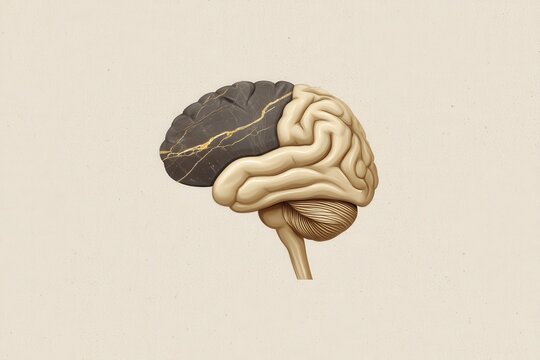 Surreal half black half golden brain fused into a single structure floating in neutral background portraying neurodivision abstraction intelligence polarity and scientific creativity