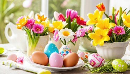 Fototapeta premium In the center of the composition, Easter eggs of various colors and patterns are placed on a plate surrounded by artificial grass. Small vases with flowers create a spring and festive mood.