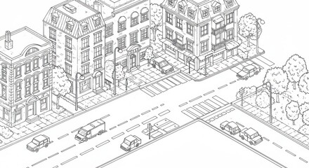 Fototapeta premium Detailed Isometric Line Art City Block with Roads, Cars, and Trees