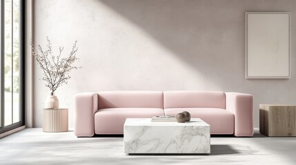 Minimalist living room, dusty rose sofa, matte plaster walls, marble cube coffee table, calm soft shadowed light