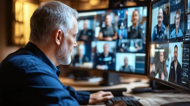 Security specialist monitoring multiple screens in control room