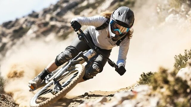 Professional female cyclist riding downhill on mountain bike