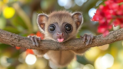 Naklejka premium Adorable Baby Loris Hanging on a Branch