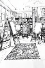 Retro sketch of cozy art studio with easels, bookshelves and chair drawn in vintage black and white hand-drawn style