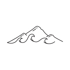 A vector illustration of a mountain and waves silhouette drawing landscape outline framing the design template