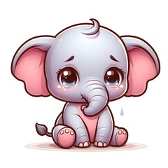 Fototapeta premium Sad Cartoon Baby Elephant Sitting and Crying - Vector Illustration 