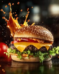 Juicy cheeseburger with melted cheese dripping, crispy lettuce, and soft sesame bun, highspeed sauce splash