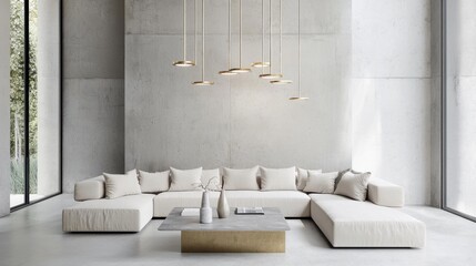 Scandinavian living room, concrete and brass mixed walls, cream sofa, gray coffee table, metallic lighting, soft urban interior