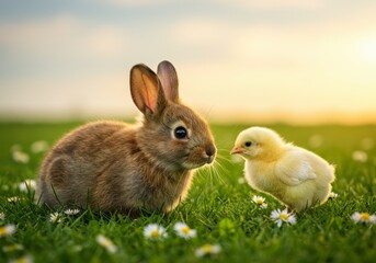 Fototapeta premium Adorable bunny and chick interact with each other on a flower-covered grass at sunset