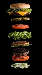 Floating burger ingredients midair, tomato, lettuce, patty, cheese, and bun perfectly aligned