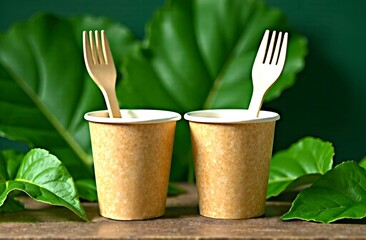 Paper cups with wooden forks on a background of green plants, ecology. 