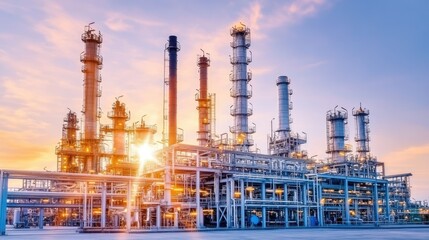 Obraz premium View of a massive oil refinery complex with smokestacks and tanks under a clear sky