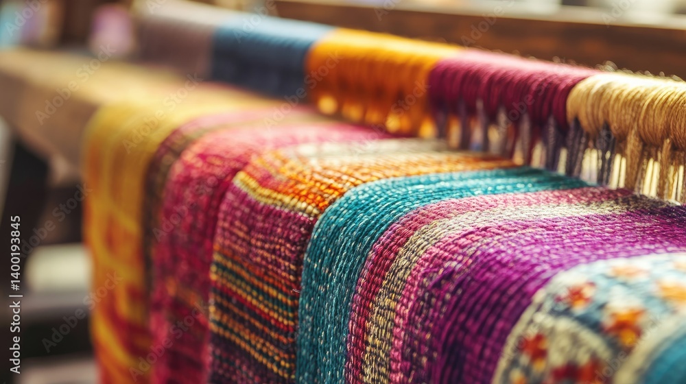 Poster weaving looms with metallic threads creating shimmering textile designs