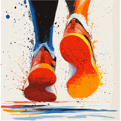 Vector illustration of a runner's feet in vibrant sneakers mid-stride, captured in dynamic motion with splashes of color, conveying speed, energy, and the spirit of athleticism and movement