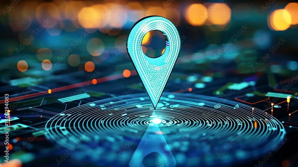 Poster luminous geospatial map location marker floating over gps tech circuitry abstract background, repres