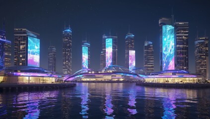 Futuristic cityscape at night with tall skyscrapers displaying bright digital screens. The colorful reflections on the calm water and modern architecture create a high-tech future urban atmosphere.