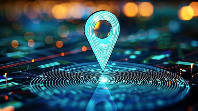 Luminous geospatial map location marker floating over gps tech circuitry abstract background, representing high tracking and digital navigation video 4k