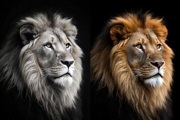 Fototapeta premium Dual Lion Portrait In Contrasting Colors Majestic Wildlife Art African Animals Pride Regal Mammals Feline Predators Zoology Study, lion, animal, wildlife, portrait, mammal, predator, feline, carnivore