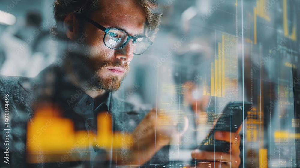 Poster young professional engaging with data-driven fintech interface