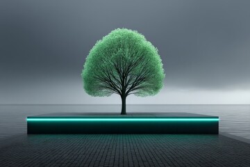 A dark wasteland where one glowing green tree stands as symbol of net zero hope