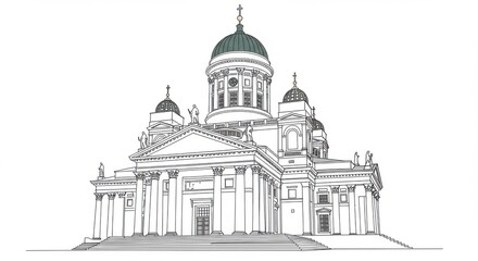 Line Art of Helsinki Cathedral: Neoclassical Dome and Stairways