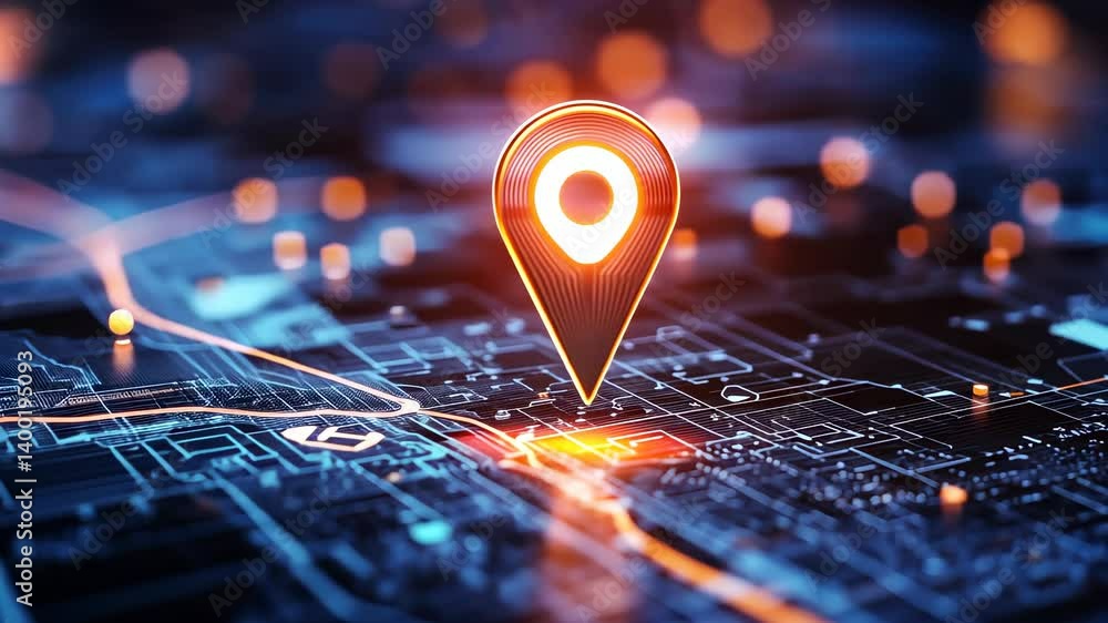 Poster over gps map location marker floating luminous high tech circuitry abstract background, representing