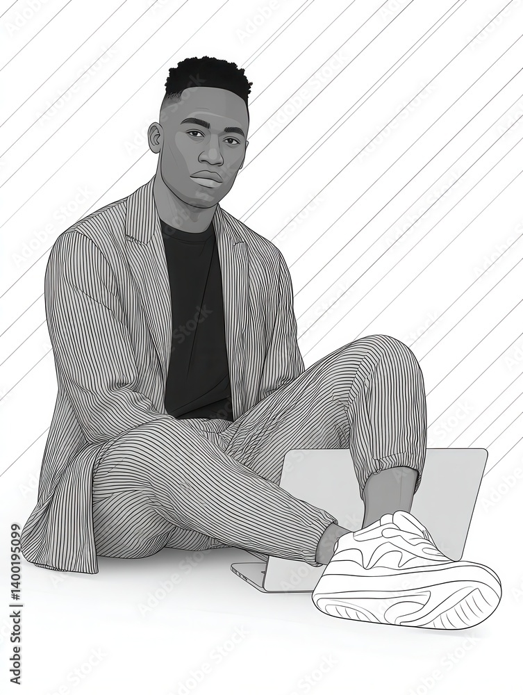 Aufkleber monochrome seated male figure with neutral expression and cross-legged posture in grayscale setting 