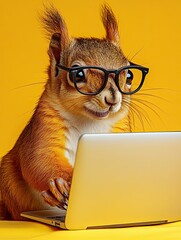 Squirrel works at laptop, desktop. On simple bright colored background. In business suit. Space for text. Funny emotions, strong smile