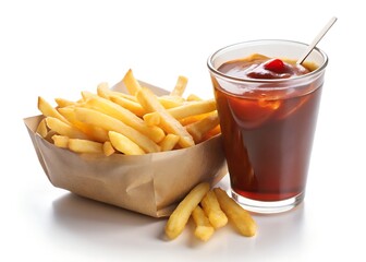 French fries and ketchup on white background