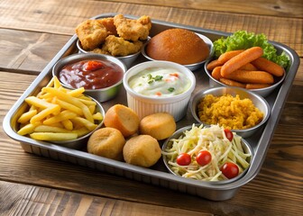 Delicious Assortment: A tray laden with an array of tempting and savory dishes, offering a visually delightful and mouthwatering feast, perfect for satisfying any appetite. 