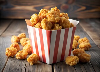 Crispy Chicken Popcorn: A delightful close-up of crispy chicken popcorn in a red and white striped box, spilling onto a rustic wooden surface.