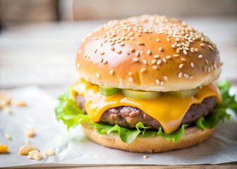 A Gourmet Burger: A mouthwatering gourmet burger featuring a juicy beef patty, melted cheese, crisp lettuce, and tangy pickles, nestled between a toasted sesame seed bun.