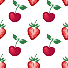 Valentines Day seamless pattern with strawberry and cherry hearts on a white background. Bright heart shaped strawberries and cherries background. Vector pattern for a wrapping paper, textiles
