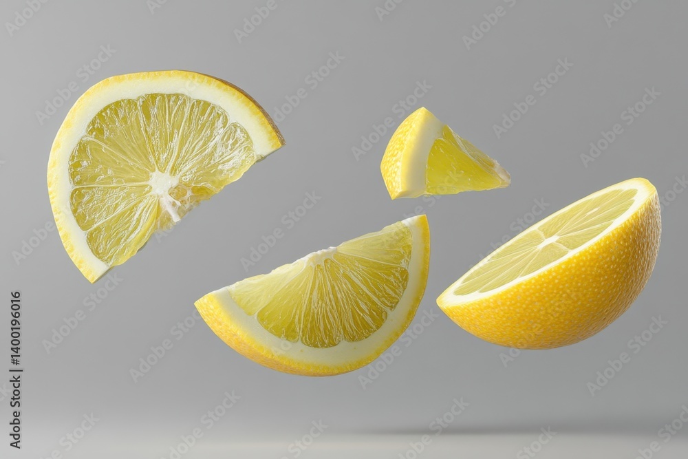 Poster floating lemon wedges on a gray background capturing citrus freshness and zest in a minimalist still