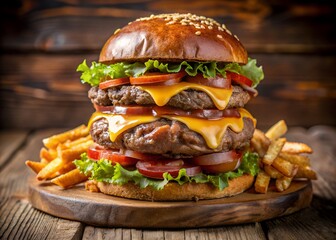 Burger Extravaganza: A tantalizing burger with a juicy double patty, melted cheese, fresh vegetables, and a side of crispy fries, presented on a wooden board.