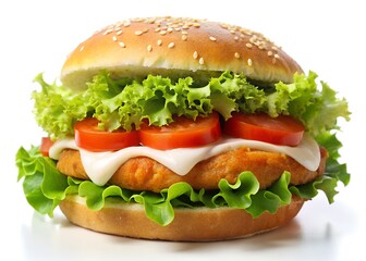 Classic Chicken Burger: A mouthwatering classic chicken burger,  perfectly grilled, nestled in a soft sesame seed bun, topped with fresh lettuce, juicy tomato slices and creamy mayonnaise.