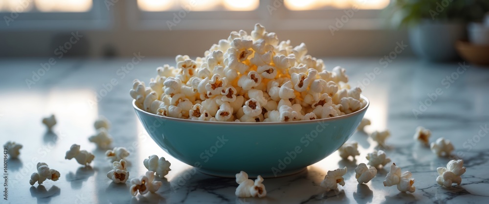 Poster big bowl of popcorn on a marble countertop with warm sunlight streaming through a window in the back