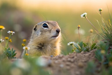 Alert European Ground Squirrel Emerging From Burrow Amidst Wildflowers At Sunrise, european ground squirrel, suslic, rodent, mammal, wildlife, animal, nature, ground, squirrel, burrow, hole, outdoors