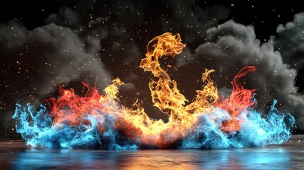 A mesmerizing display of red and blue flames dancing against a pitch-black background.
