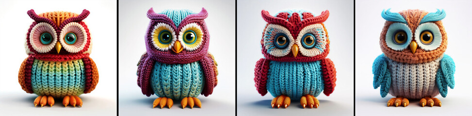 Close-up of a multicolored cute knitted owl toy on white background looking at the camera with his big eyes. Collection and variation. Generative Ai.