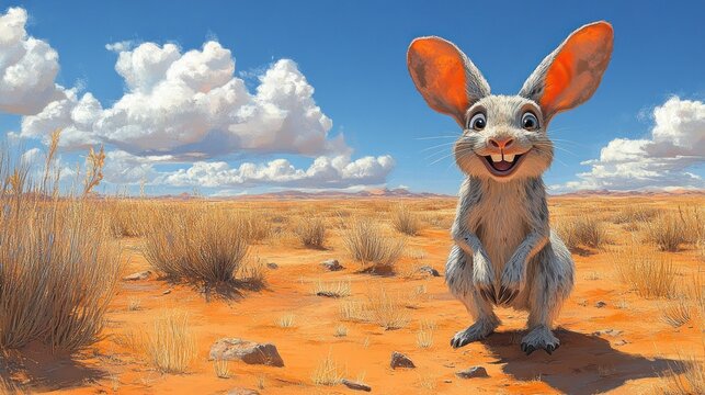 Cheerful Desert Jerboa: A Digital Painting of a Happy Jerboa in a Sunny Desert Landscape