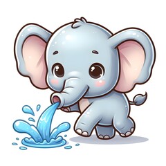 Obraz premium Playful Cartoon Baby Elephant Spraying Water – Vector Illustration on White Background 