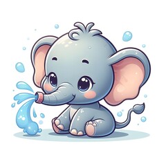 Obraz premium Playful Cartoon Baby Elephant Spraying Water – Vector Illustration on White Background 