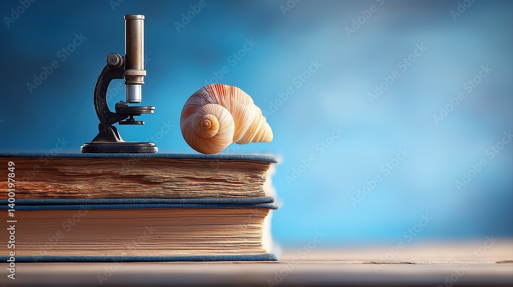 Poster close-up of a microscope and shell on stacked books against a soft blue background