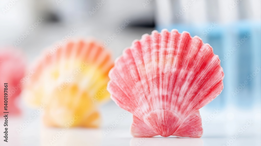 Poster colorful shells displayed on white surface with soft focus background in a coastal setting