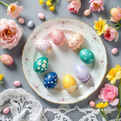 Obraz premium Elegant Easter Eggs on Vintage Floral Plate Surrounded by Pink Roses, Yellow Daffodils, and Delicate Lace: A Romantic Spring Composition