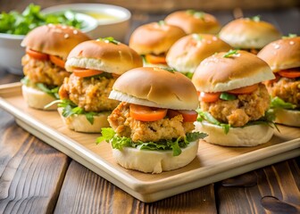 Mini Crab Cakes Sliders: A delectable platter of mini crab cake sliders, each featuring succulent crab meat, fresh arugula, and juicy tomato slices nestled in soft buns.