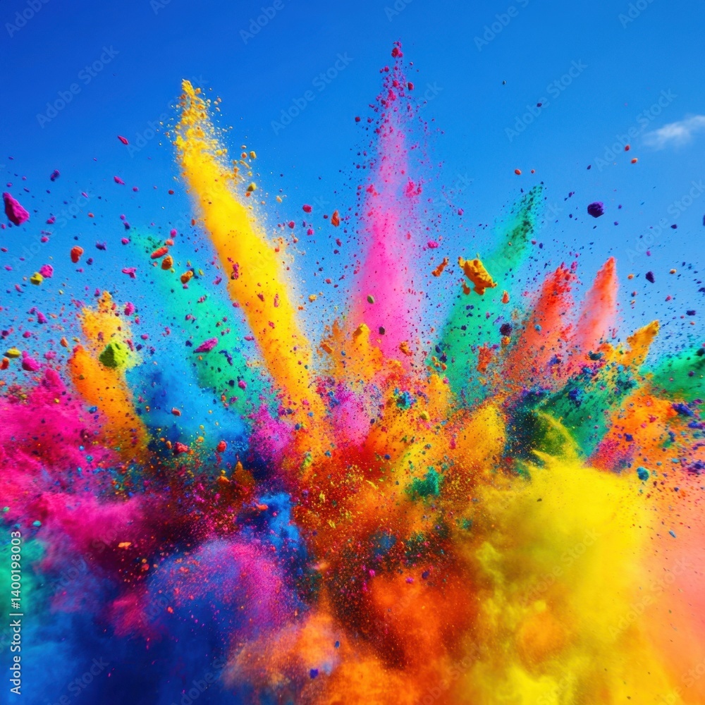 Poster vibrant explosion of colorful powder against a clear blue sky creating a dynamic and festive abstrac